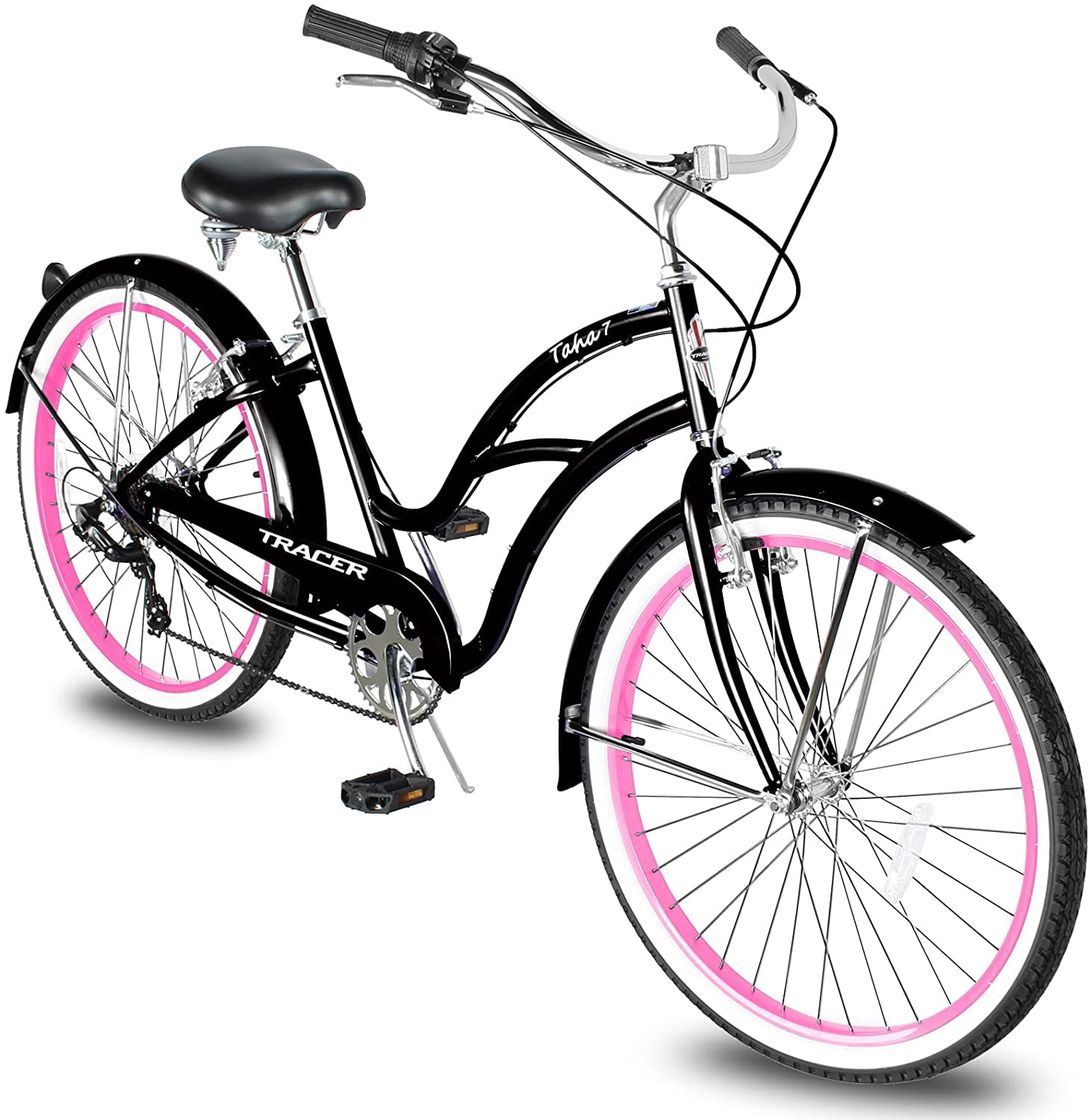 WonderWheels 26" Beach Cruiser Coaster Brake Stainless Steel Spokes One Piece Crank Alloy Orange Rims 36H W/ Fenders - Black