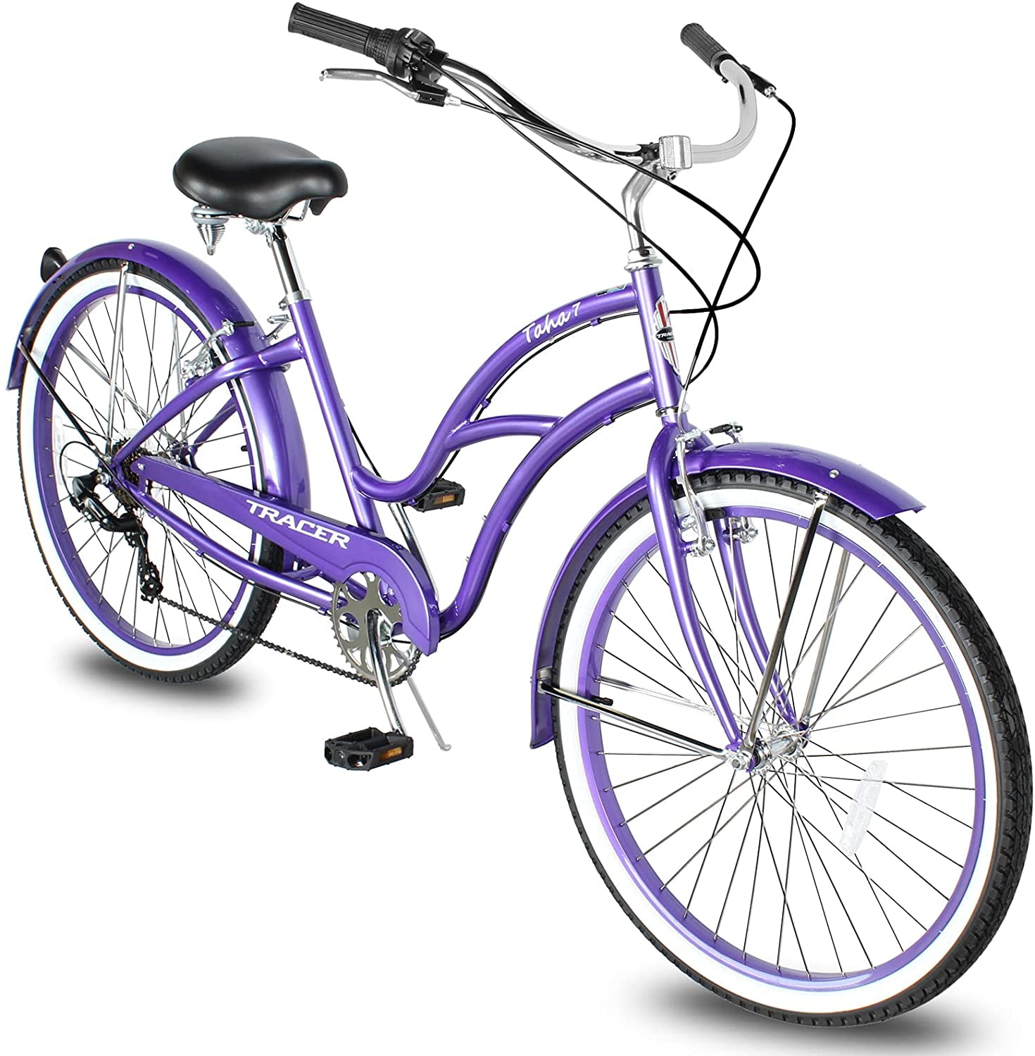 WonderWheels 26" Beach Cruiser Coaster Brake Stainless Steel Spokes One Piece Crank Alloy Orange Rims 36H W/ Fenders - Purple