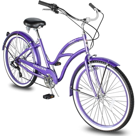 WonderWheels 26" Beach Cruiser Coaster Brake Stainless Steel Spokes One Piece Crank Alloy Orange Rims 36H W/ Fenders - Purple