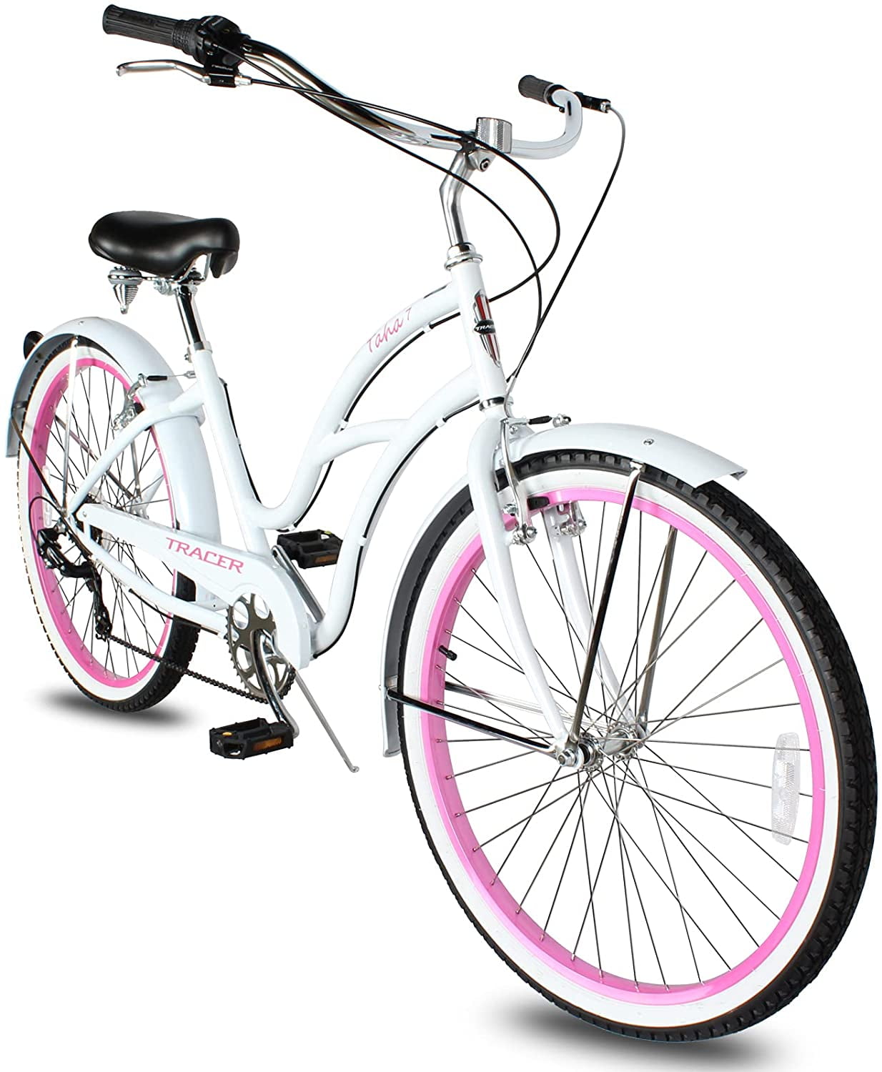 WonderWheels 26" Beach Cruiser Coaster Brake Stainless Steel Spokes One Piece Crank Alloy Orange Rims 36H W/ Fenders - White