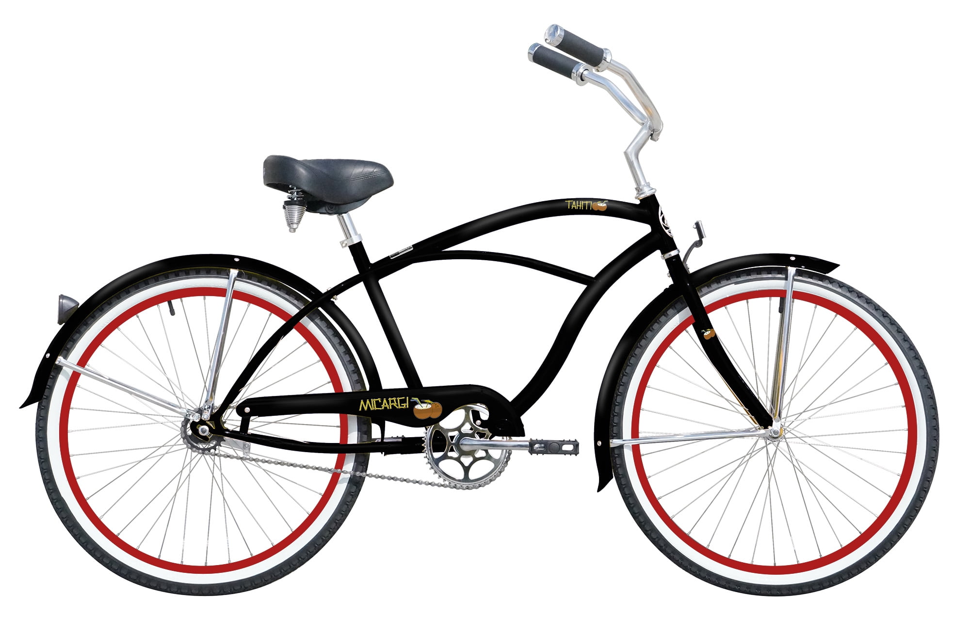 WonderWheels 26" Beach Cruiser Coaster Brake Stainless Steel Spokes One Piece Crank Alloy Red Rims 36H W/ Fenders - Black/ Red