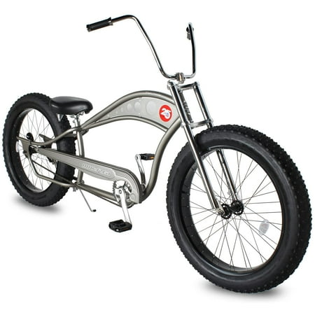 WonderWheels 26" Stretch Cruiser Coaster Brake Triple Tree Fork, Handlebars Hi-rise, Alloy Black Rims. 26x3.0 26H Black Tire - Matte Grey