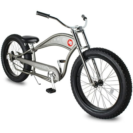 WonderWheels 26" Stretch Cruiser Coaster Brake Triple Tree Fork, Handlebars Moon Bar, Alloy Black Rims. 26x3.0 26H Black Tire - Matte Grey
