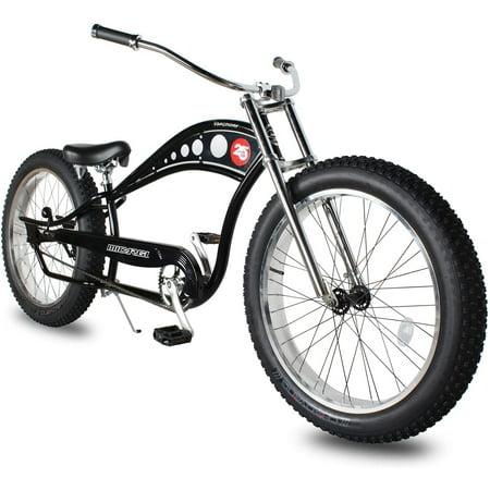 WonderWheels 26" Stretch Cruiser Coaster Brake Triple Tree Fork, Handlebars Moon Bar, Alloy Polish Rims. 26x3.0 26H Black Tire - Black
