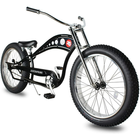 WonderWheels 26" Stretch Cruiser Coaster Brake Triple Tree Fork, Handlebars Moon Bar, Alloy Polish Rims. 26x3.0 26H Black Tire - Black