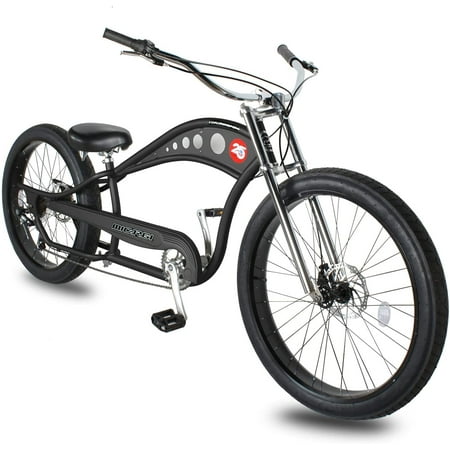 WonderWheels 26" Stretch Cruiser Shimano TX-35 7SP with Disc Brake (F&R) Moon-Type Handlebar, Alloy Black Rims, 26x4.0 Black Tire - Matte Black