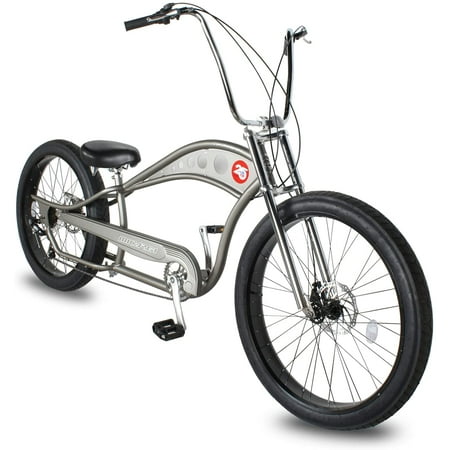 WonderWheels 26" Stretch Cruiser Shimano TX-35 7SP with Disc Brake (F&R) Moon-Type Handlebar, Alloy Black Rims, 26x4.0 Black Tire - Matte Grey