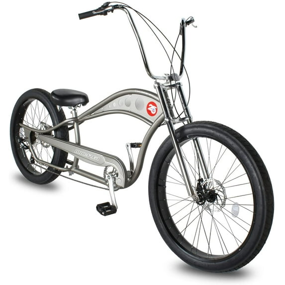 WonderWheels 26" Stretch Cruiser Shimano TX-35 7SP with Disc Brake (F&R) Moon-Type Handlebar, Alloy Black Rims, 26x4.0 Black Tire - Matte Grey