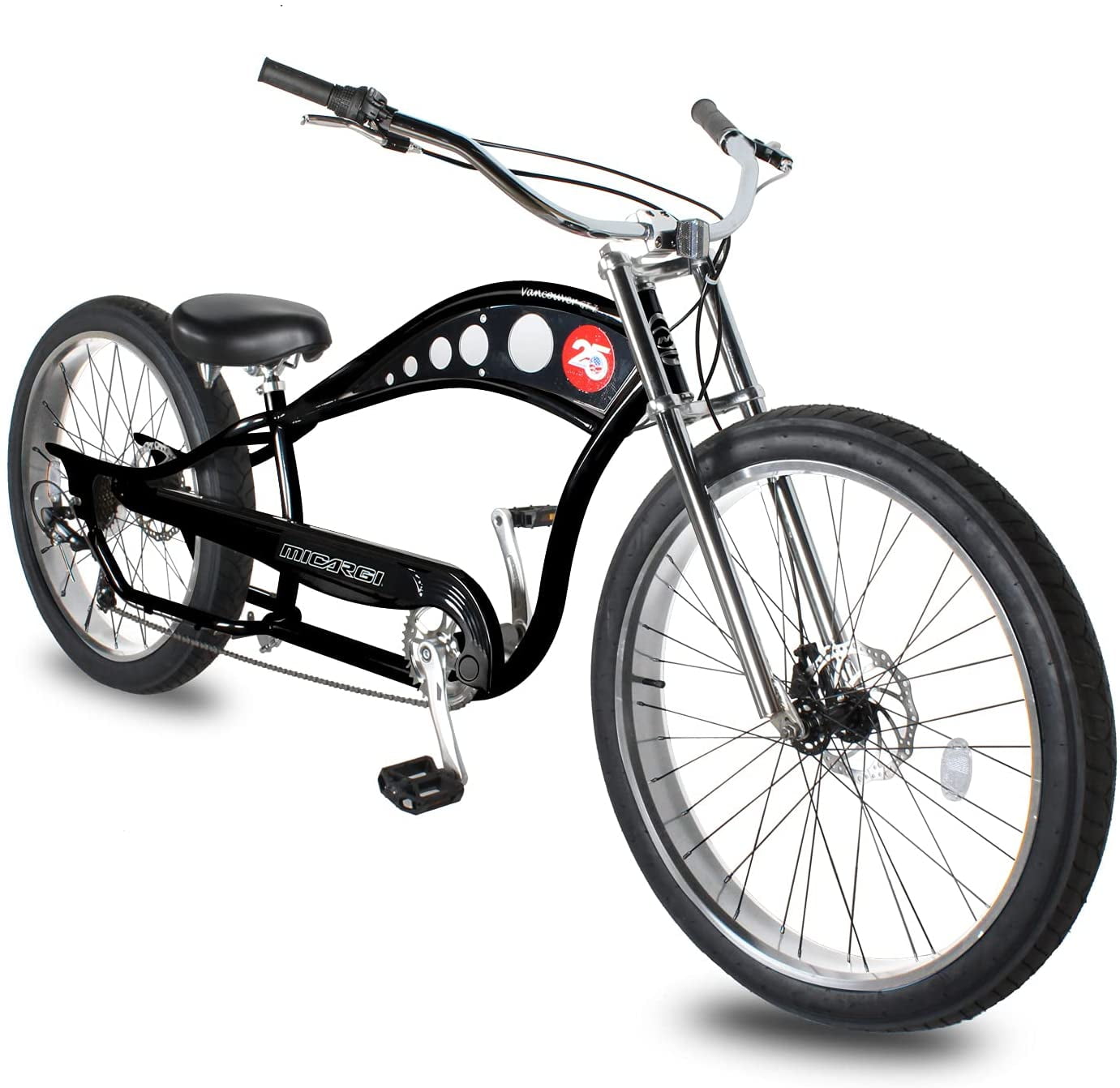 WonderWheels 26" Stretch Cruiser Shimano TX-35 7SP with Disc Brake (F&R) Moon-Type Handlebar, Alloy Polish Rims, 26x4.0 Black Tire - Black