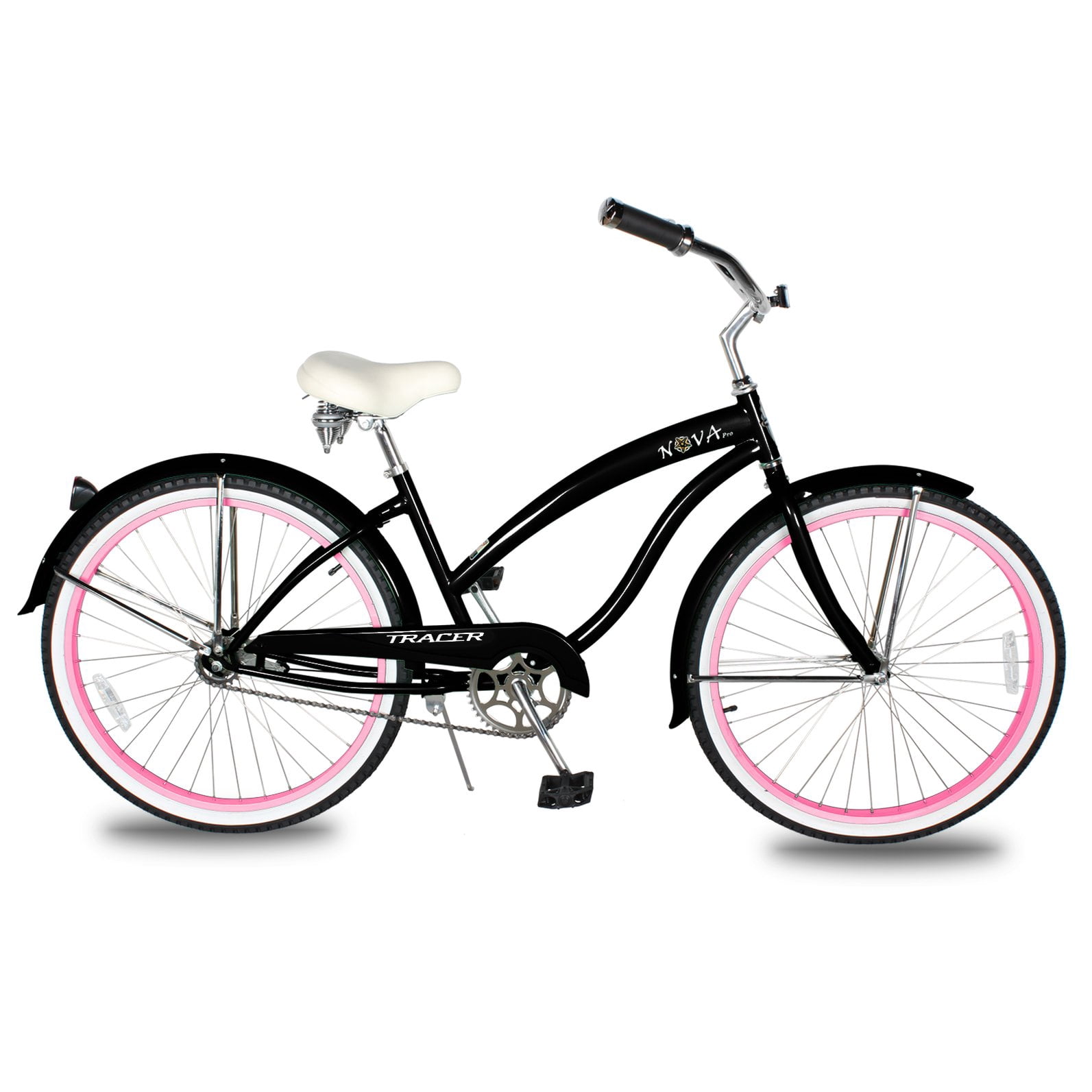 WonderWheels Beach Cruiser Shimano Tx-35 7 Speed Bicycle, Bike, V-Brake Stainless Steel Spokes One Piece Crank Alloy Purple Rims 36 H With Fender - Black