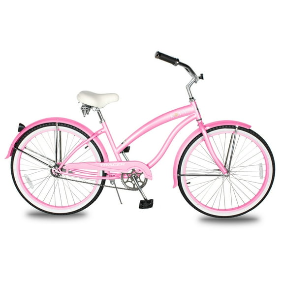 WonderWheels Beach Cruiser Shimano Tx-35 7 Speed Bicycle, Bike, V-Brake Stainless Steel Spokes One Piece Crank Alloy Purple Rims 36 H With Fender - Pink