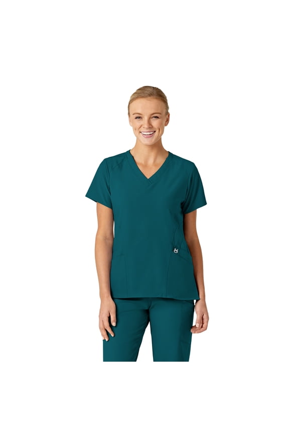 W123 Women's Stylized V-Neck Scrub Top, Caribbean Blue, 3X Womens