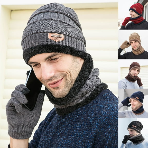 WonderWiz 3 Pieces Men Beanie Hat Scarf and Touchscreen Gloves Set Winter Warm Knitted Fleece Lining Thick Scarves Neck Warmer Wine One Size