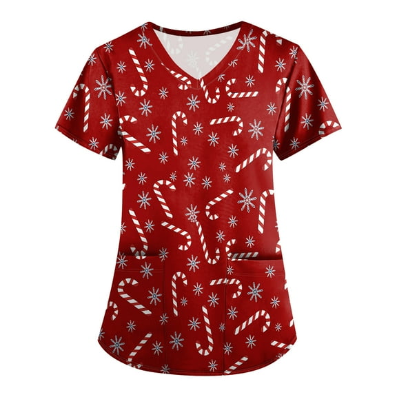 WonderWiz Christmas Scrubs Tops for Women Plus Size Comfort Stretchy Printed Scrub Tops Vneck Short Sleeve Winter Fashion Shirts with Pockets Dark Green 5XL