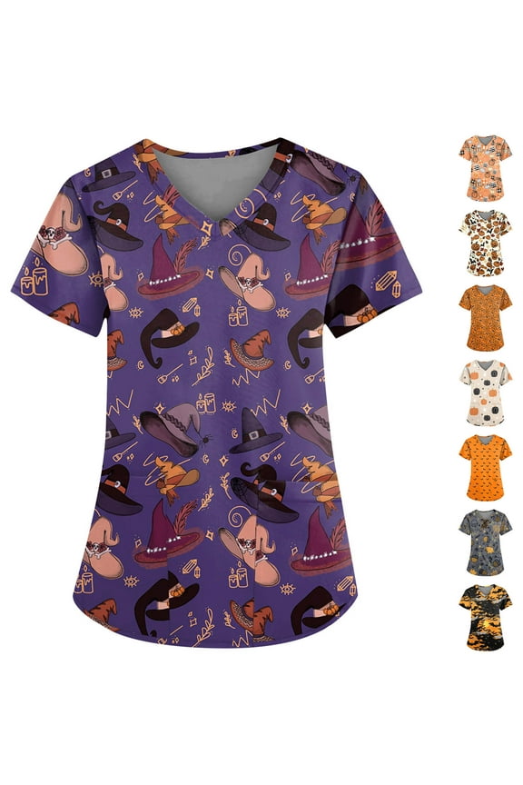 Halloween Nursing Scrub Tops for Women,Halloween Scrub Tops for Women Stretchy Short Sleeve V Neck Medical Scrubs with Pockets,Orange S