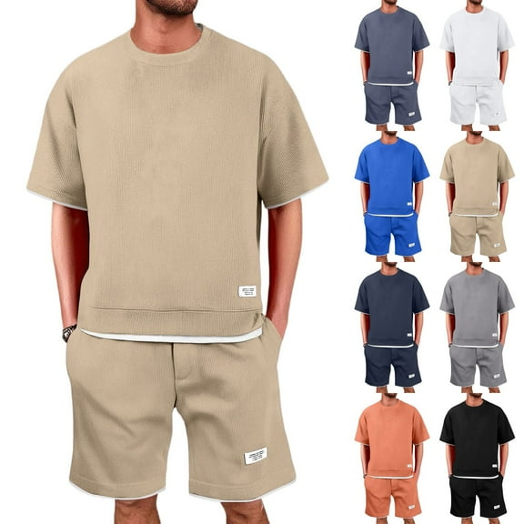 WonderWiz Mens Short Sets 2 Piece Outfits Fashion Casual Summer Oversize Tee Shirt Shorts Set Athletic Jogging Tracksuit Outfits for Men,Solid Color Mens Short Sets L，Khaki