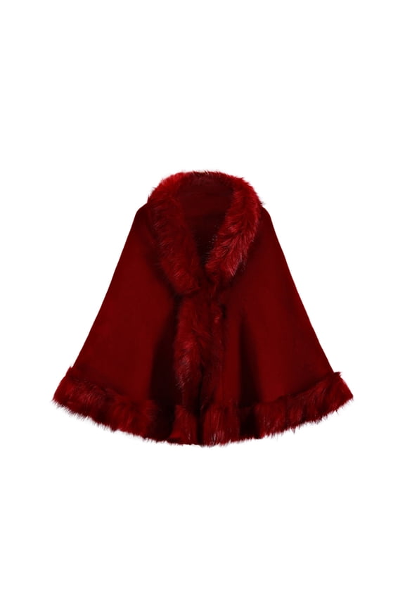 Poncho Hooded Shawl Wrap Women Cape Winter Faux Fur Trim Coat Sleeveless Cardigan Dressy Cloak for Party Wine One Size