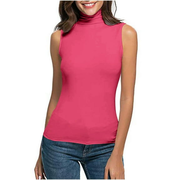 WonderWiz Sleeveless Turtlenecks for Women Tunic Plus Size Mock Neck Soft Tank Tops Basic Stretch Slim Fit Undershirts Hot Pink XL
