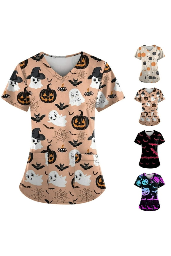 Women Halloween Scrub Tops,Funny Halloween Scrub Tops for Women V Neck Short Sleeve Stretch Nurse Uniform Great Gift for Healthcare Workers,Hot Pink M