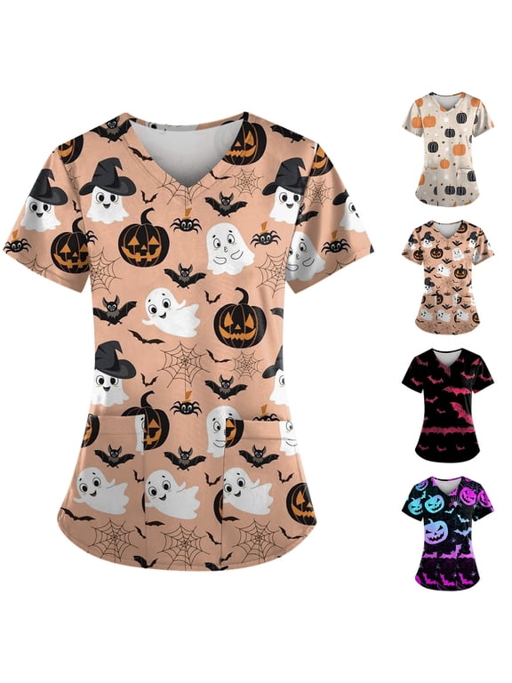 Women Halloween Scrub Tops,Halloween Nurse Tops for Women Halloween Themed V Neck Short Sleeve Scrubs Soft Stretchy Machine Washable,Hot Pink S