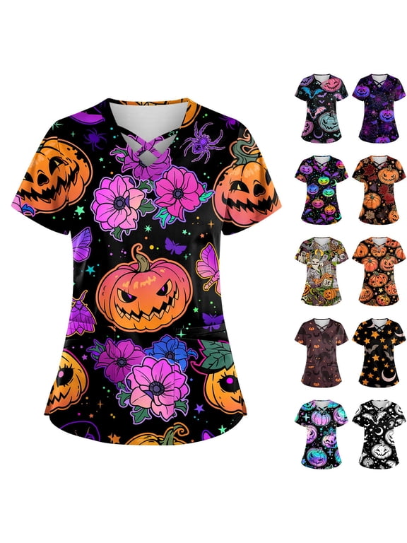 Halloween Scrub Tops Women Plus Size,Women Halloween Nursing Working Uniform Short Sleeve V Neck Medical Scrubs Shirt with Pockets,Dark Purple L
