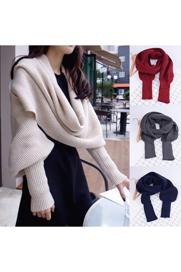 Women Knit Sweater Tops Scarf Fashion Elegant Scarf with Sleeve Wrap Winter Warm Shawl Scarves Red One Size
