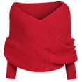 thumbnail image 1 of WonderWiz Women’s Fall Fashion Long Sleeve Off Shoulder V Neck Asymmetric Hem Knit Cropped Sweater Top Red One Size, 1 of 4