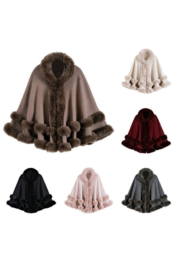 Women's Oversize Knit Cape Coat Winter Warm Poncho Faux Fur Collar Shawl Wrap Cardigan Cloak for Wedding Gifts Khaki One Size