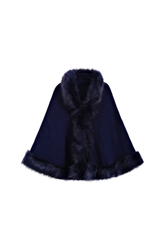 Women's Oversize Knit Cape Coat Winter Warm Poncho Faux Fur Collar Shawl Wrap Cardigan Cloak for Wedding Gifts Navy One Size