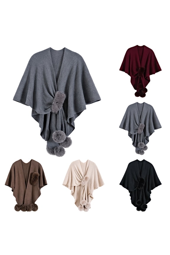 Women's Oversize Knit Cape Coat Winter Warm Poncho Faux Fur Collar Shawl Wrap Cardigan Cloak for Wedding Gifts Wine One Size