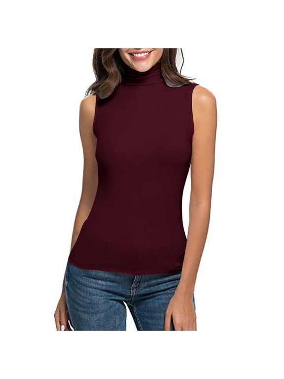 Women's Sleeveless Turtleneck T-Shirt Basic Stretch Layer Comfy High Neck Tank Top Wine S