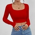 thumbnail image 1 of WonderWiz Women's Square Neck Long Sleeve Ribbed Slim Fitted Casual Basic Crop Top Red M, 1 of 5