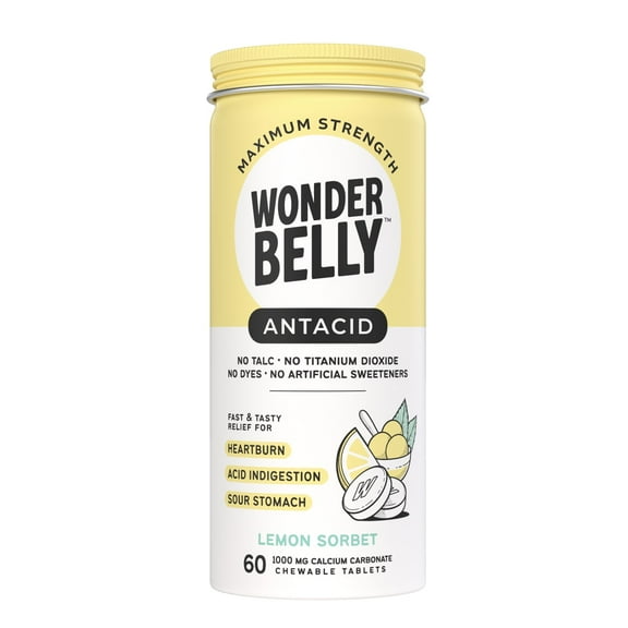 Wonderbelly Antacid Tablets for Heartburn Relief, Lemon Sorbet Flavor, 60 Chewable Tablets