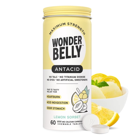 Wonderbelly Antacid Tablets for Heartburn Relief, Lemon Sorbet Flavor, 60 Chewable Tablets