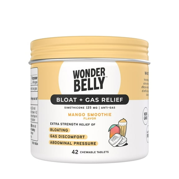 Wonderbelly Bloat and Gas Relief Chewable Tablets, Mango Smoothie Flavor, 42 Chewable Tablets