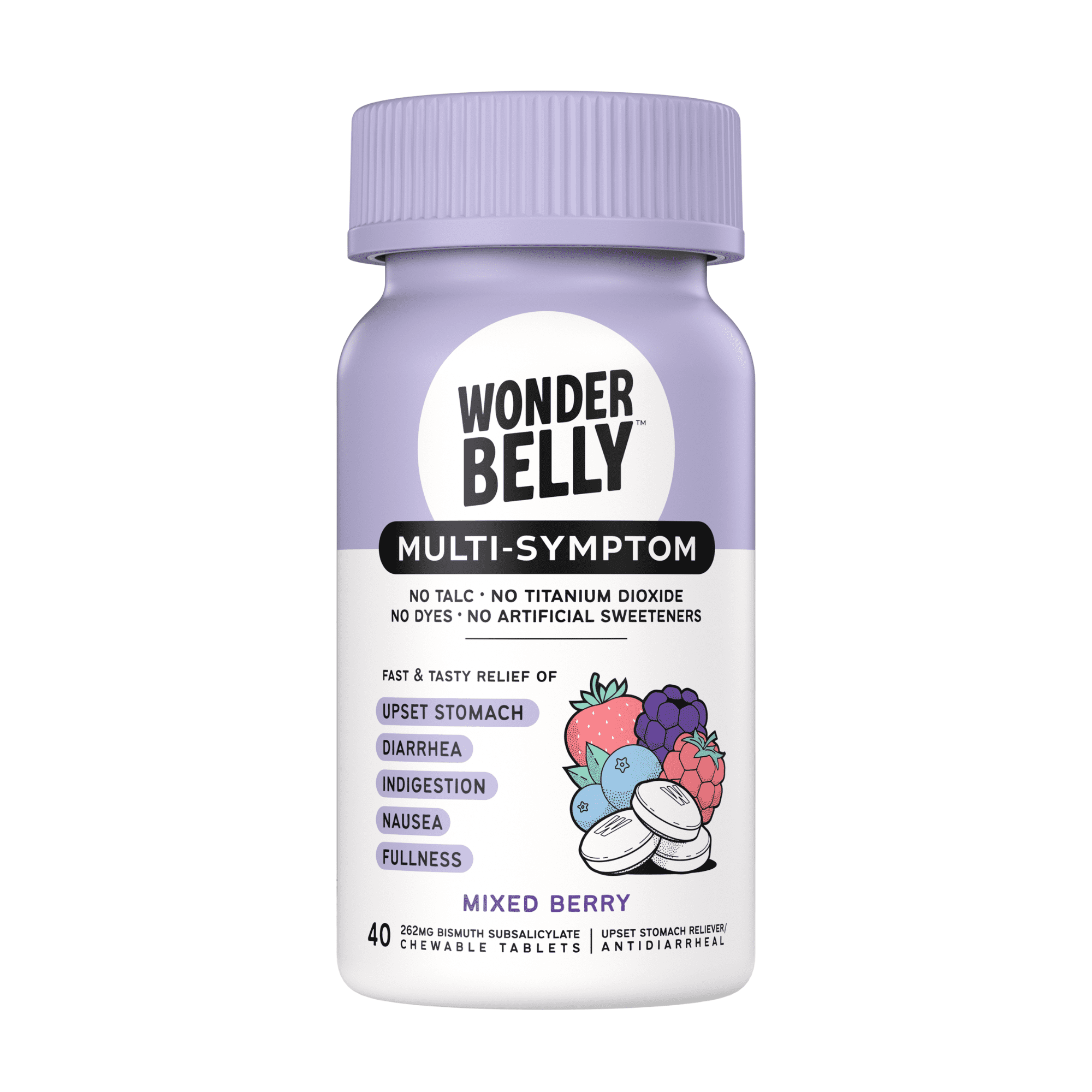 Wonderbelly Multi-Symptom Relief Chewable Tablets, Mixed Berry Flavor, 262 mg, 40 Count