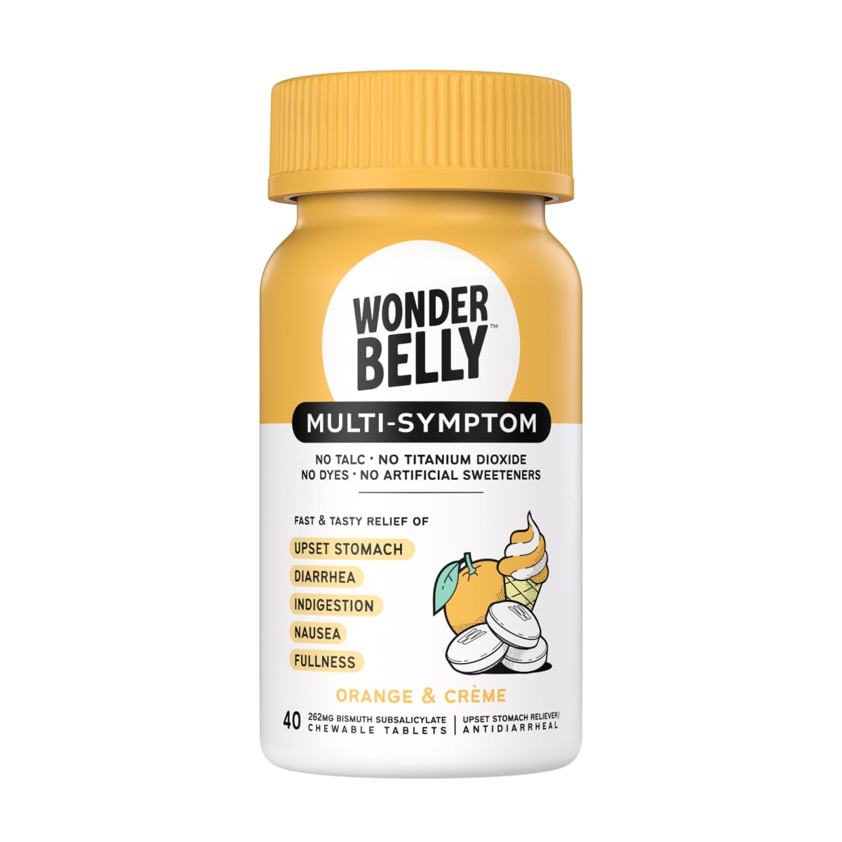 Wonderbelly Multi-Symptom Relief Chewable Tablets, Orange & Creme Flavor, 262 mg, 40 Count