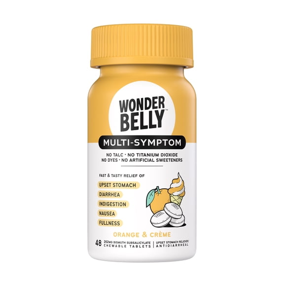 Wonderbelly Multi-Symptom Relief Chewable Tablets, Orange & Creme Flavor, 262 mg, 48 Count