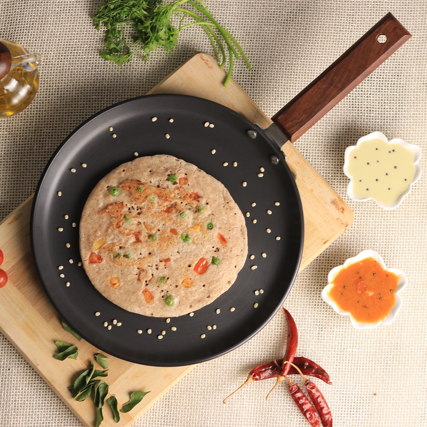 Wonderchef Ebony Non-Stick Dosa Tawa Griddle Pan 26.5 cm with Wooden Handle, Black