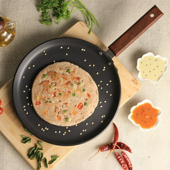 Wonderchef Ebony Non-Stick Dosa Tawa Griddle Pan 26.5 cm with Wooden Handle, Black