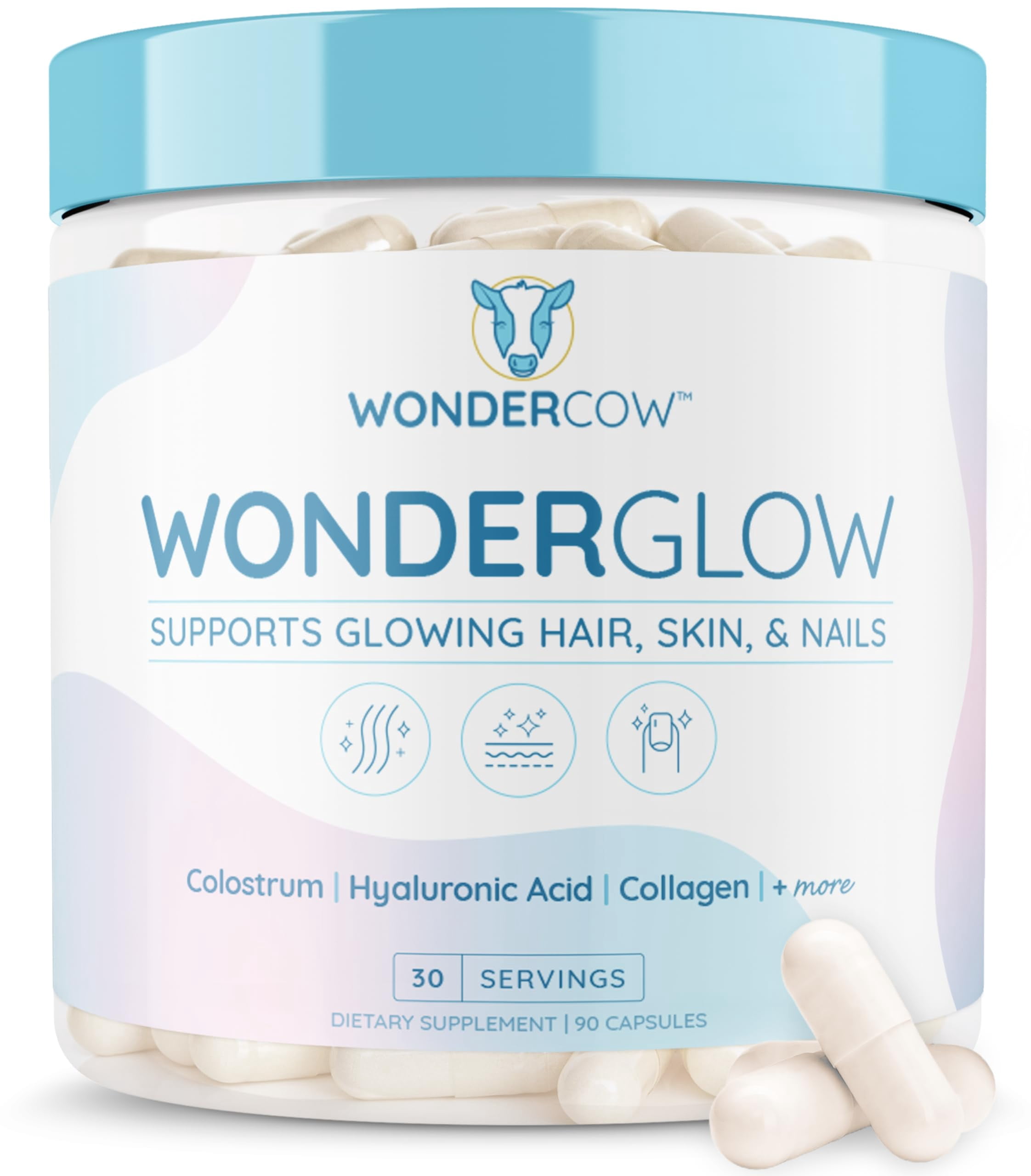 WONDERCOW Hair Skin and Nails Vitamins w/Bovine Colostrum, Collagen, Hyaluronic Acid, Biotin, Zinc, & Lactoferrin?Supports Faster Hair Growth, Stronger Nails and Glowing Skin (30 Servings, Capsule)