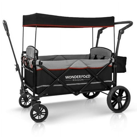 Wonderfold Pull & Push Twin Double Stroller Wagon with Canopy, Black