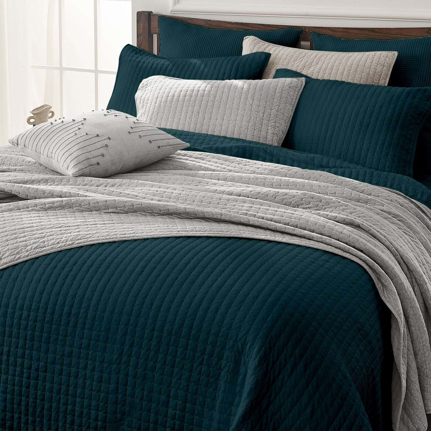 Dark Teal and Gray Reversible Cotton Full Quilt Set