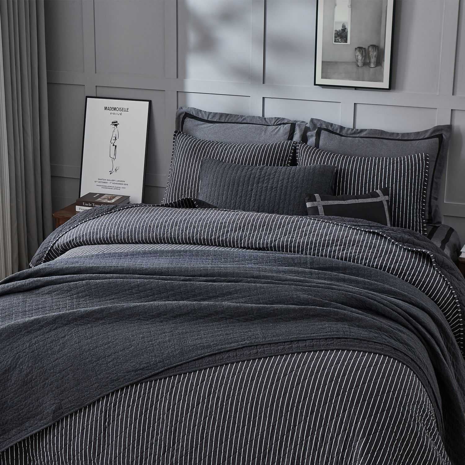 Pinstripe Black Cotton Reversible Full Quilt Set
