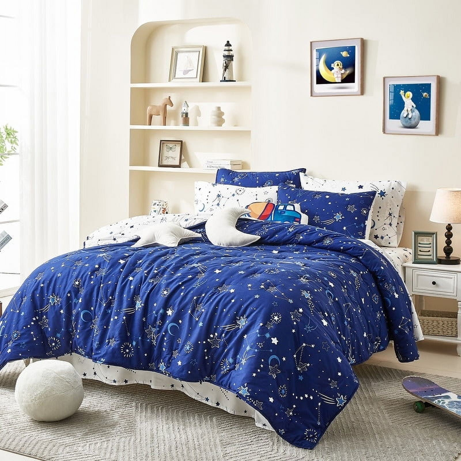 Twin Blue Starry Sky Comforter Set with Embroidered Stars
