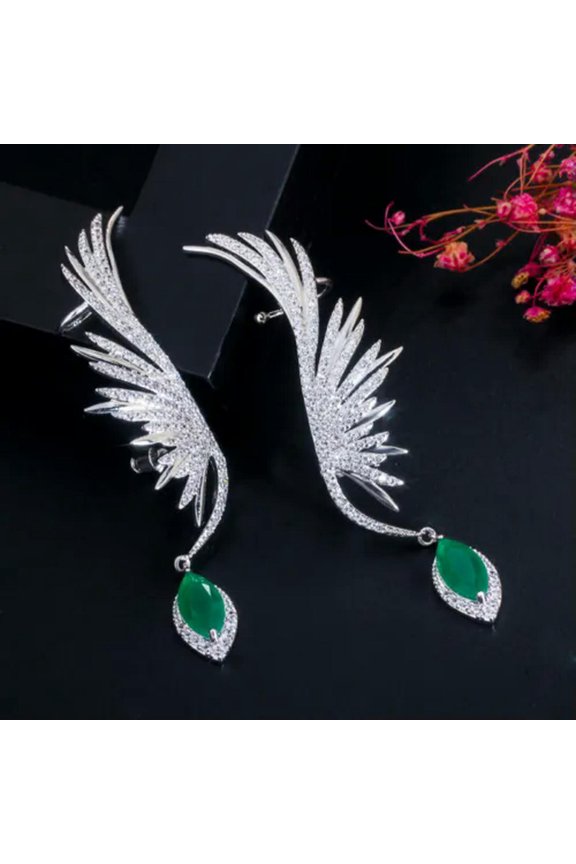 Wonderful CZ Green Drop Women Feather Wing Long Ear Cuff Cartilage Earrings Gift
