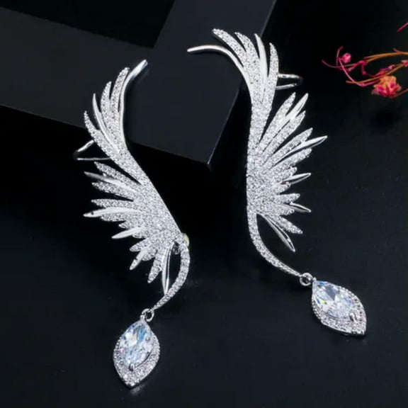 Wonderful CZ Green Drop Women Feather Wing Long Ear Cuff Cartilage Earrings Gift
