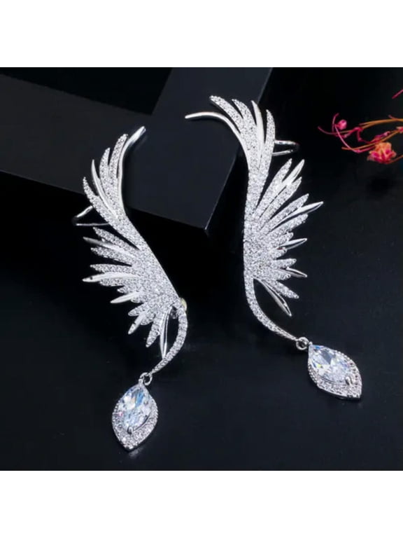 Wonderful CZ Green Drop Women Feather Wing Long Ear Cuff Cartilage Earrings Gift