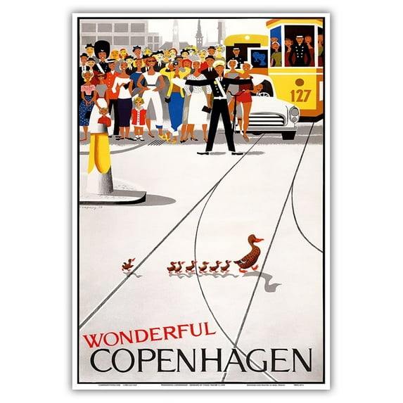 Wonderful Copenhagen - Copenhagen Denmark - Mother Duck and her Ducklings Crossing the Street - Vintage Travel Poster by Viggo Vagnby c.1959 - Master Art Print (Unframed) 13in x 19in