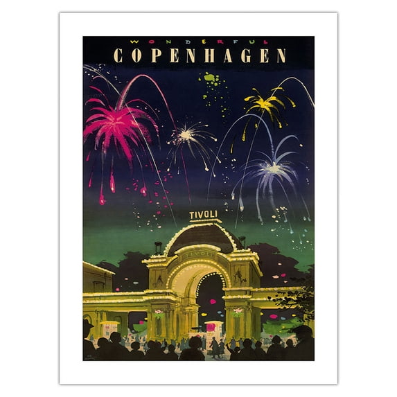 Wonderful Copenhagen - Tivoli Gardens Amusement Park Denmark - Vintage Travel Poster by Des c.1956 - Fine Art Matte Paper Print (Unframed) 18x24in